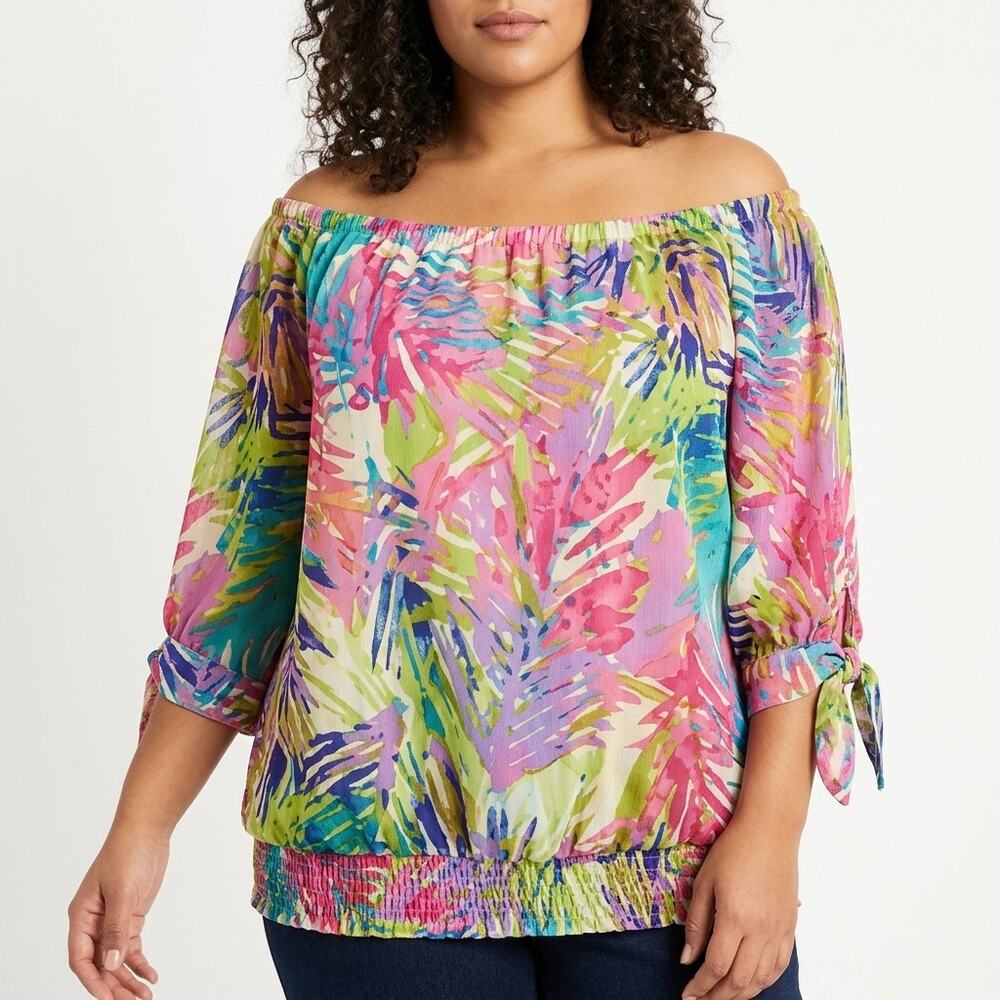 lanebryant Graphic Blouse Top Women Long Sleeve Chiffon Size 14/16